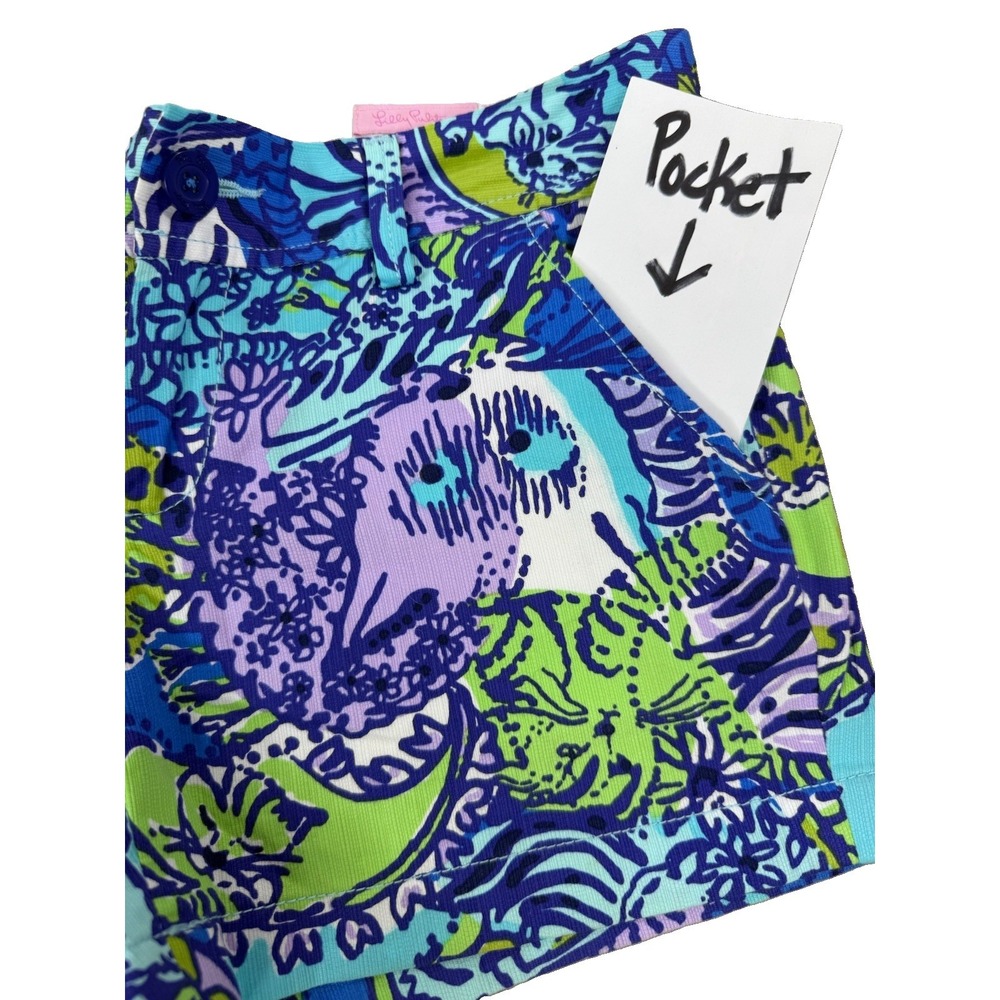 Lilly Pulitzer Shorts Women's 2 Blue Purple  Callahan Tropical Cat Cotton Preppy - Picture 2 of 13